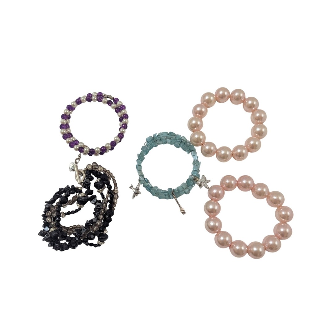Handmade Beaded Bracelet Bundle 5pc Faux Pearl Amethyst Color Boho Eclectic